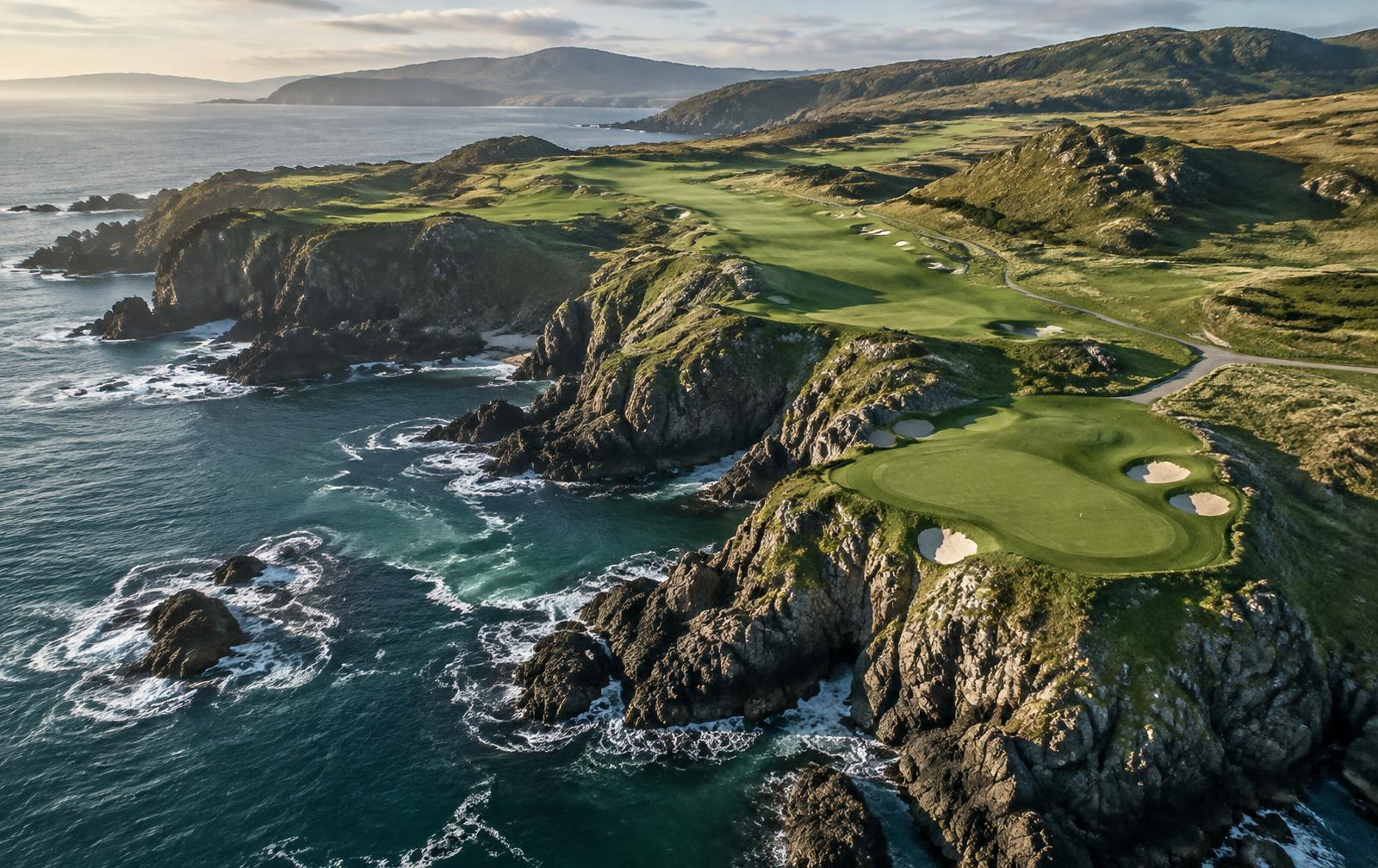 Concept illustration of a golf course routed through a rugged coastal headland