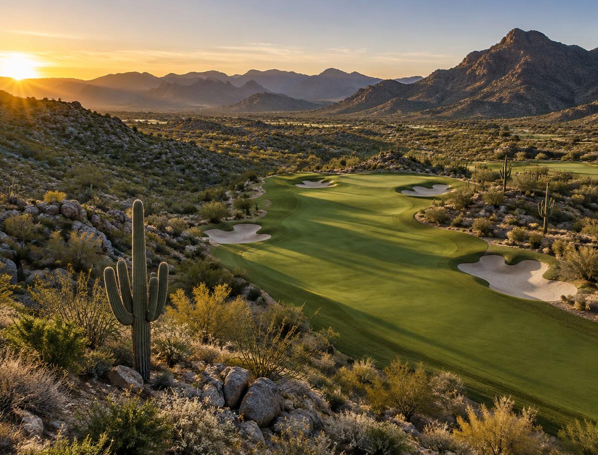Concept illustration of a designed golf hole among native desert plants and mountainous terrain